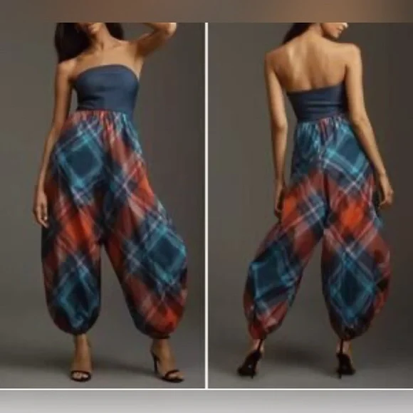 Anthropologie Maeve Gathered Balloon Jumpsuit Plaid Harem Strapless Blue sz M - Picture 2 of 8